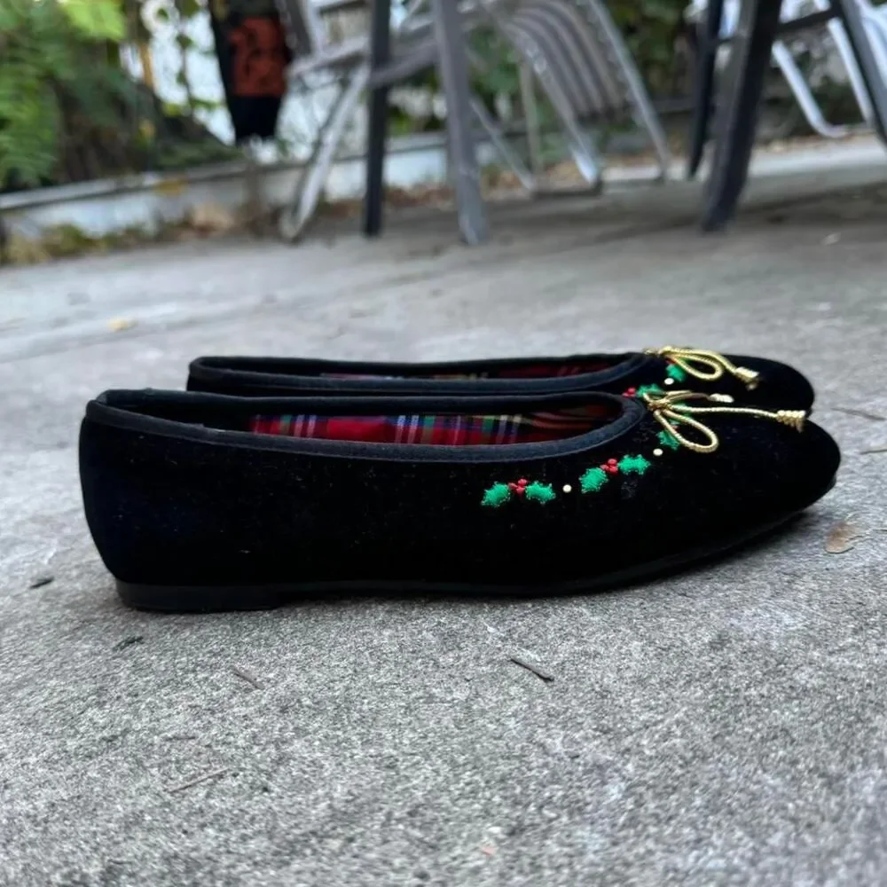 Vintage Ballet Flats Kids Size 2.5‎ Velvet Freeze Frame Holly Gold Bow Coquette